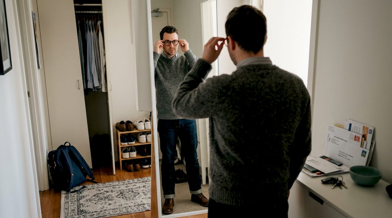 Man styling glasses in hallway mirror