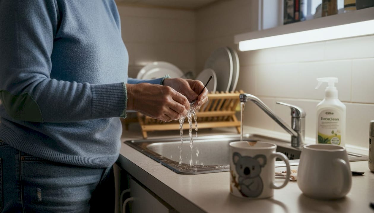 Woman cleaning reading glasses at kitchen sink
