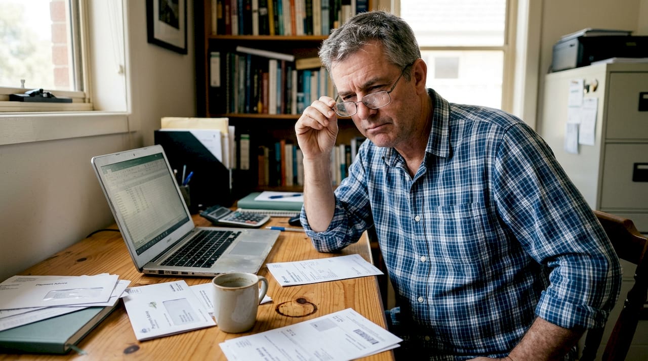 Man adjusting tight reading glasses at home desk