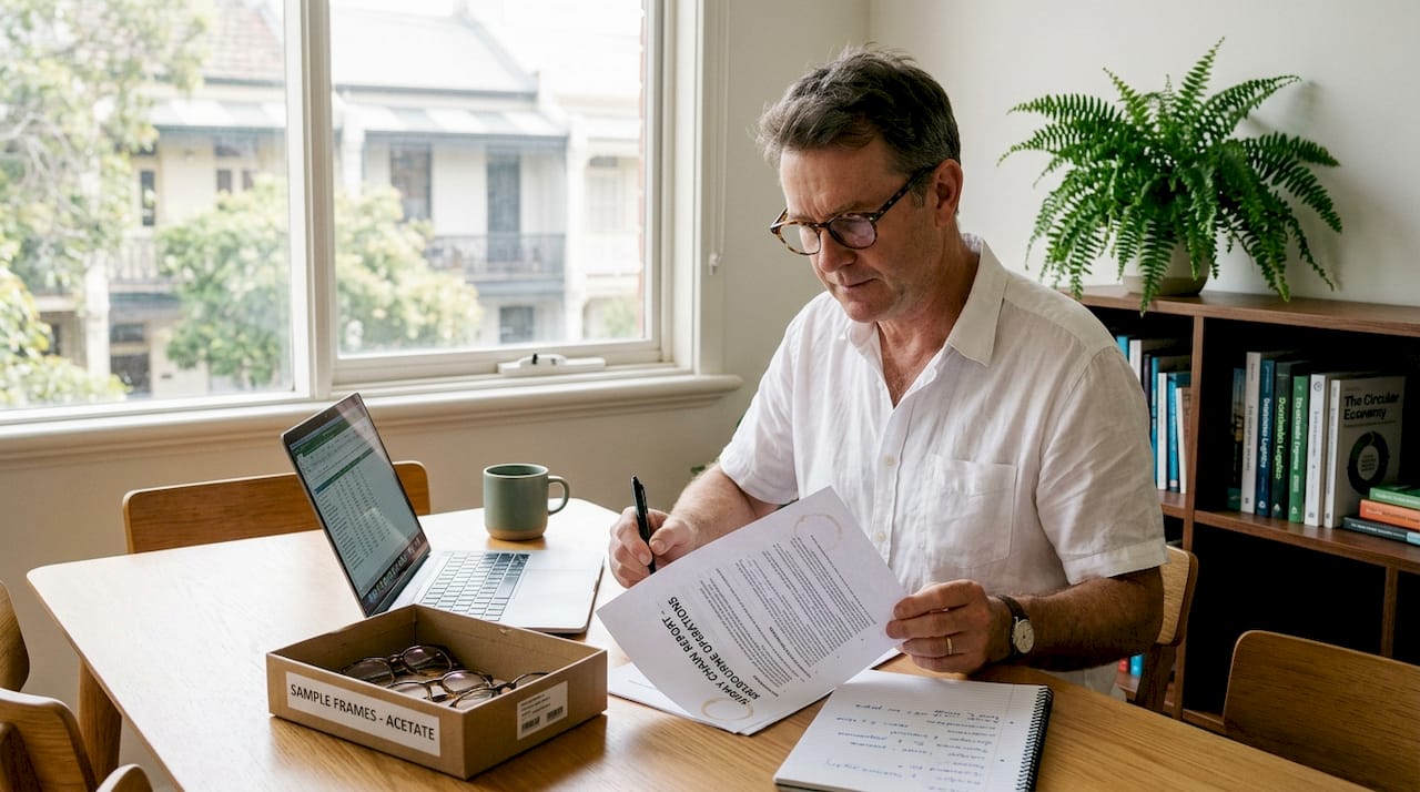 Man auditing eyewear supply chain at home