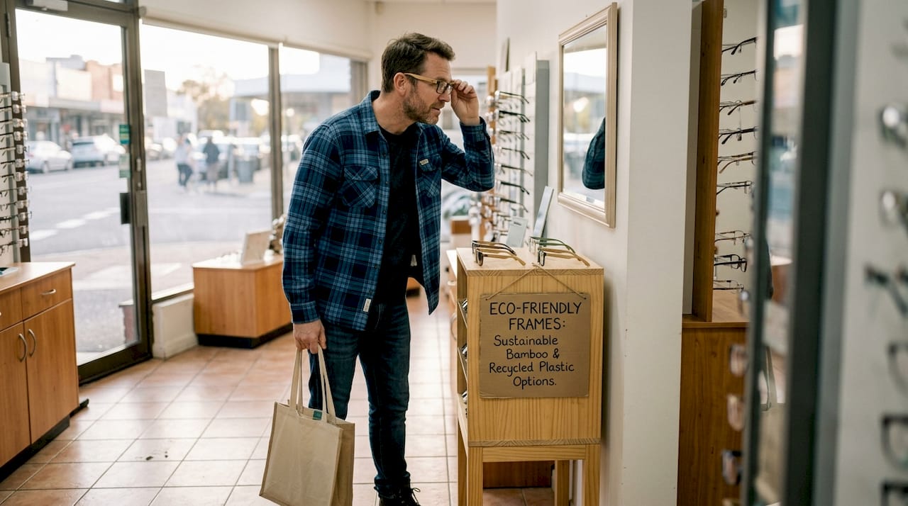 Man trying bamboo reading glasses in shop