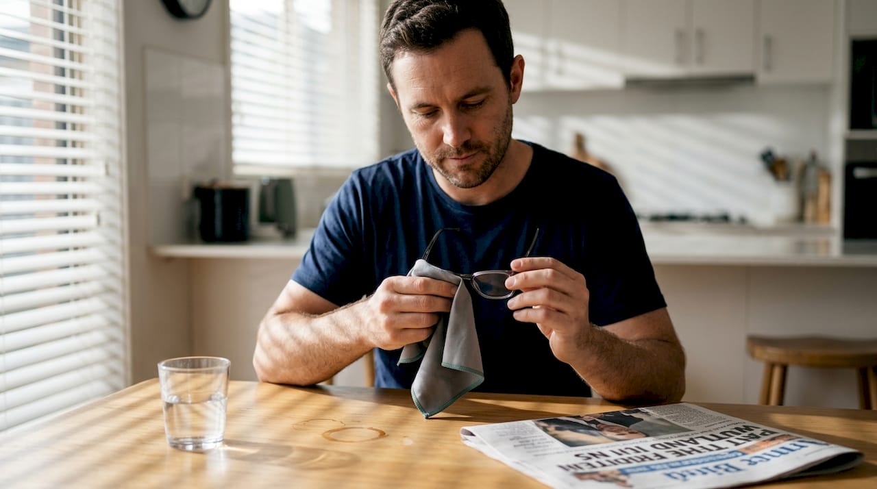 Man cleaning eyeglasses at kitchen table
