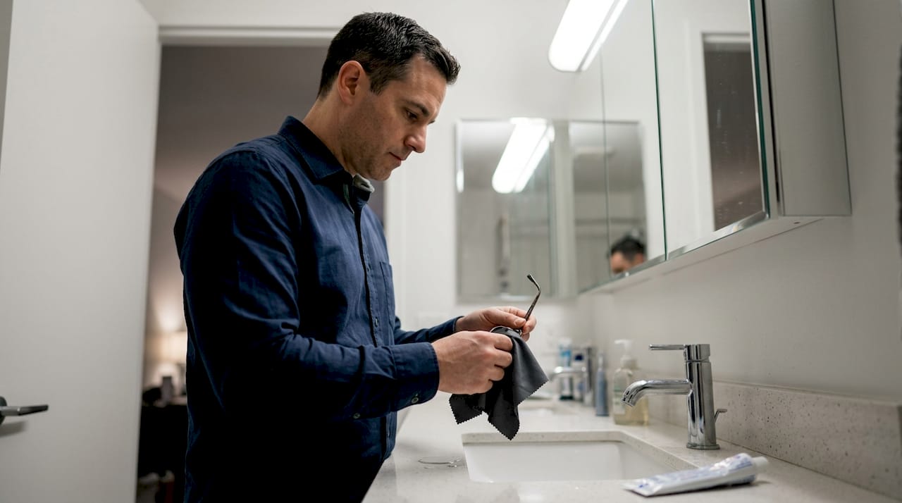 Man cleaning luxury reading glasses at sink