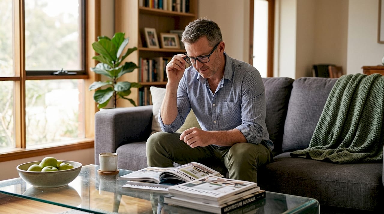 Man with modern reading glasses in living room
