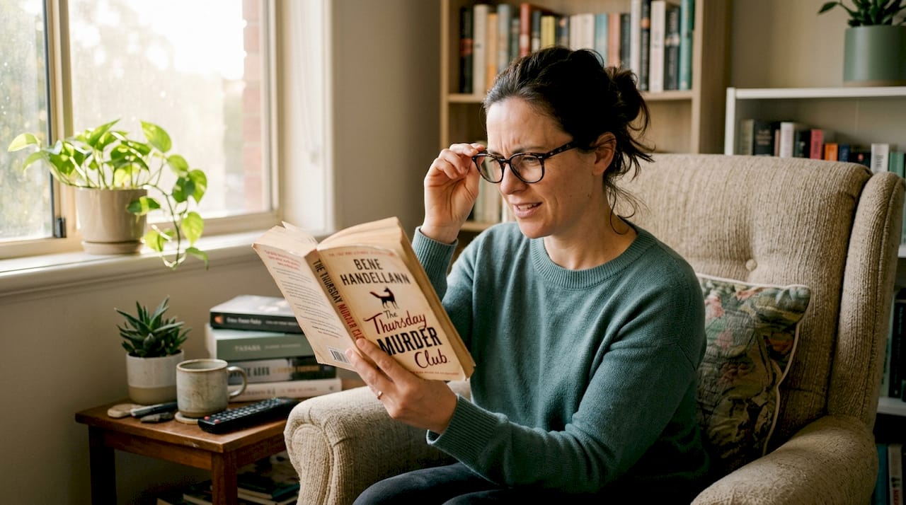 Woman testing clarity with new glasses at home