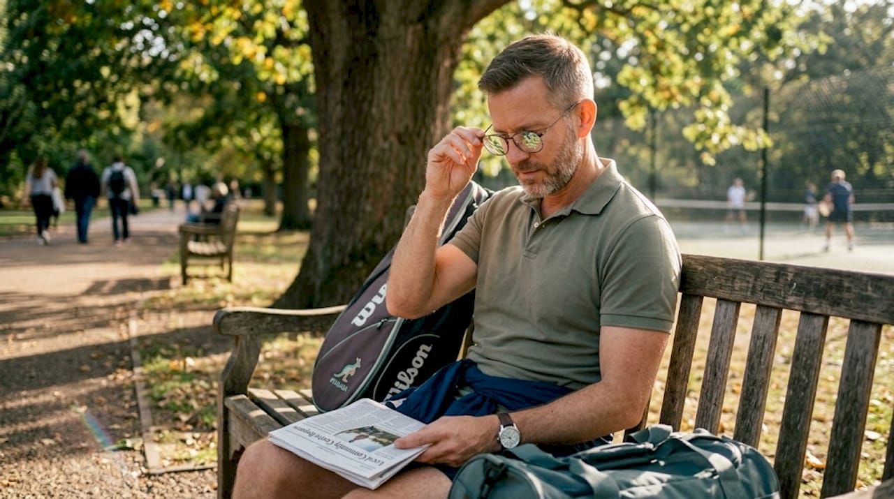 Man adjusting glasses on park bench outdoors