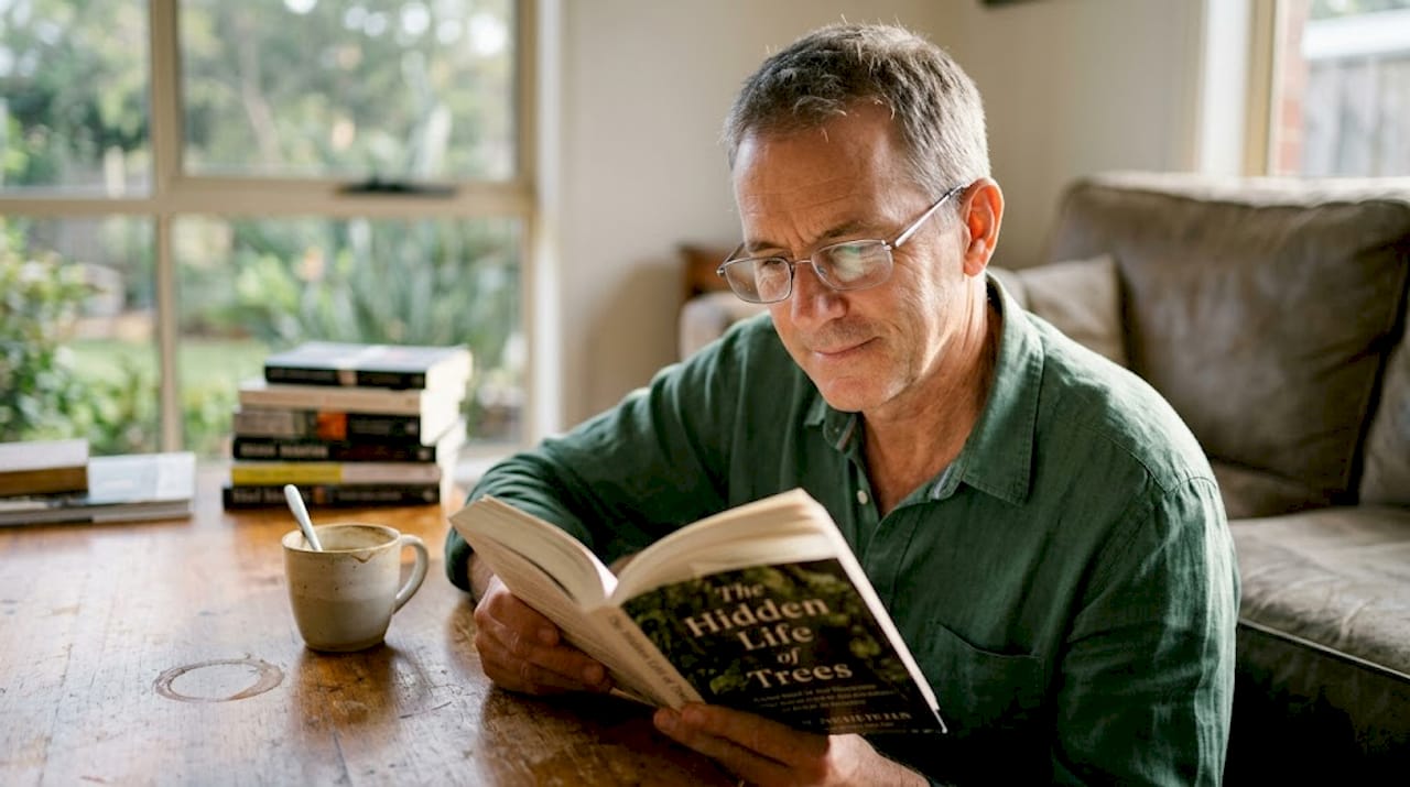 Man uses reading glasses for close-up reading
