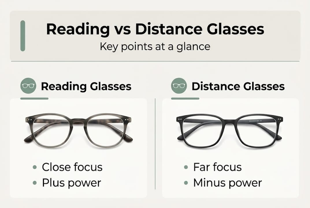 Infographic comparing reading and distance glasses features
