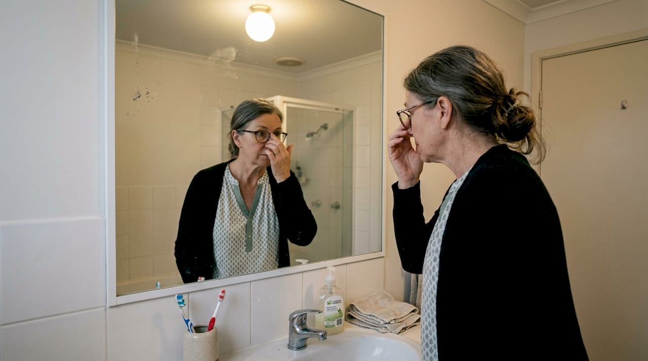 Woman checks reading glasses fit in bathroom
