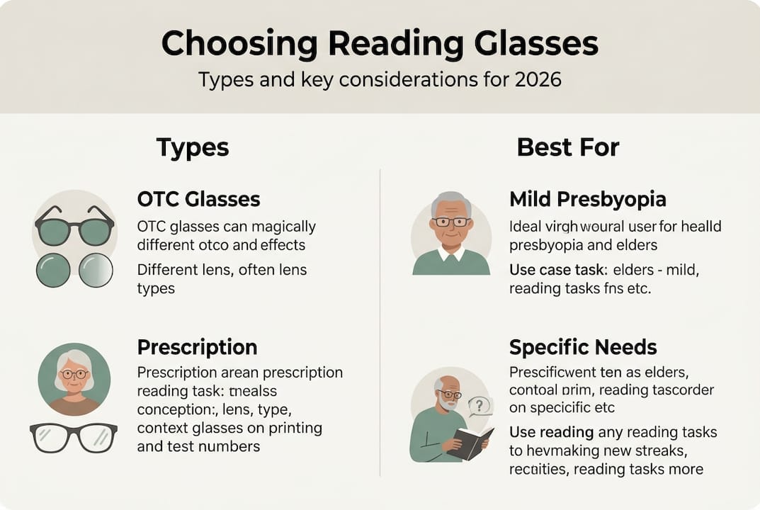 Infographic comparing reading glasses types and uses