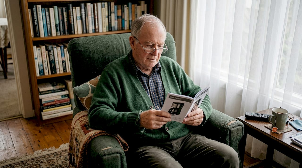 Elderly man reading manual with reading glasses