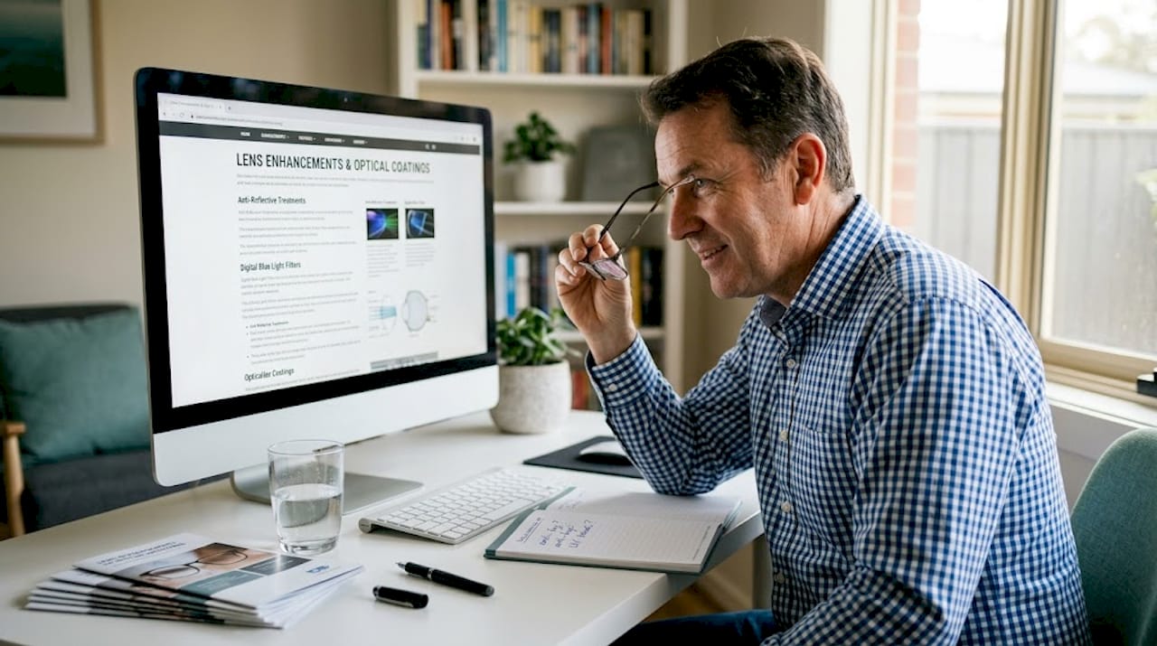 Man reviews lens enhancement features in home office