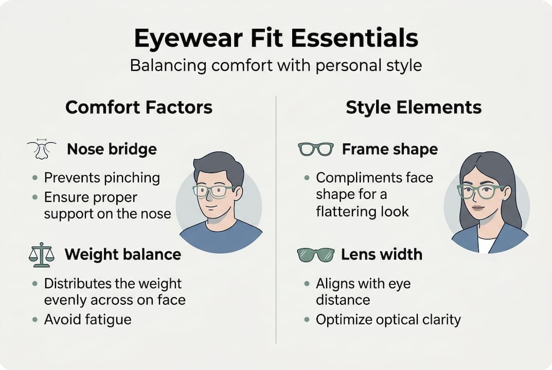 Infographic showing eyewear fit factors and style elements