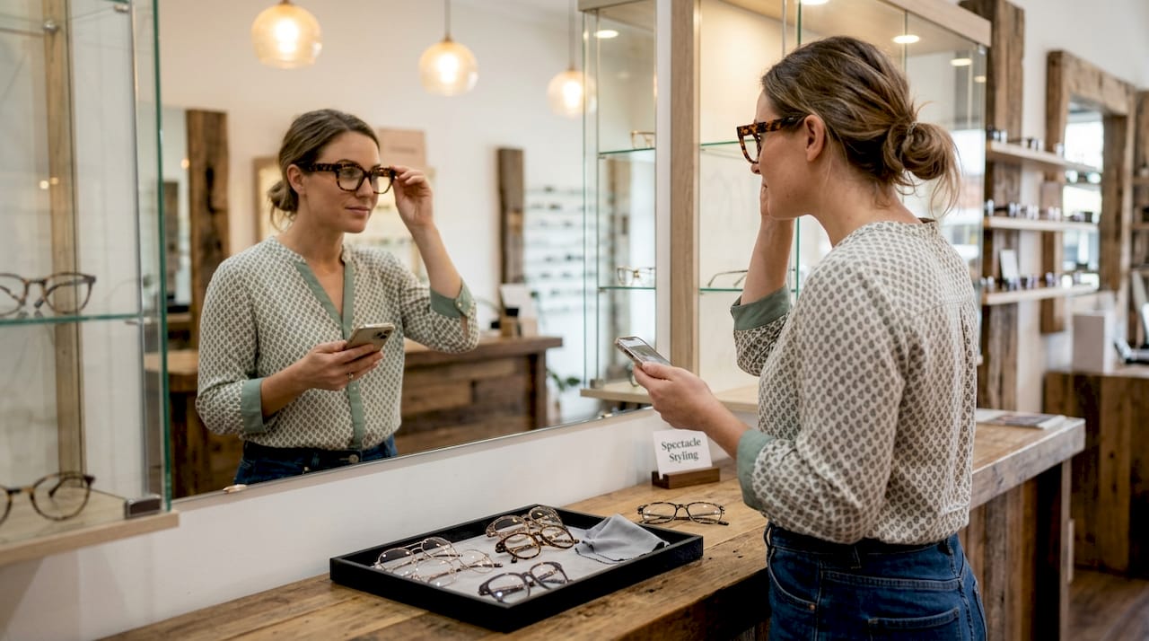 Woman trying on oversized glasses in boutique