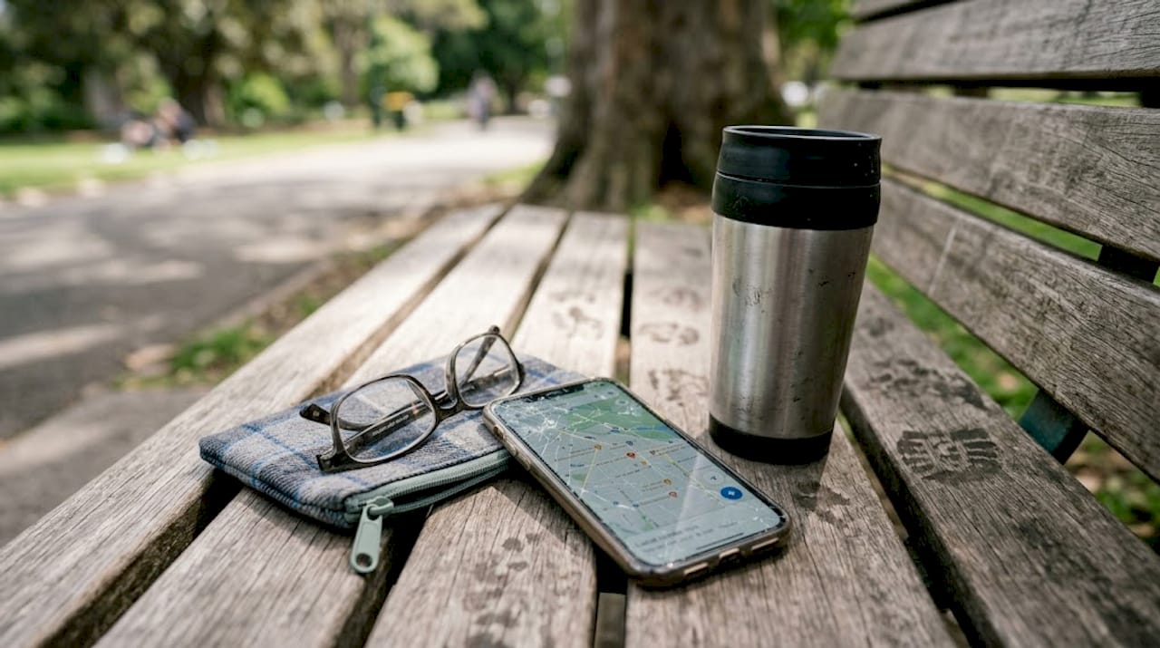 Foldable reading glasses on park bench