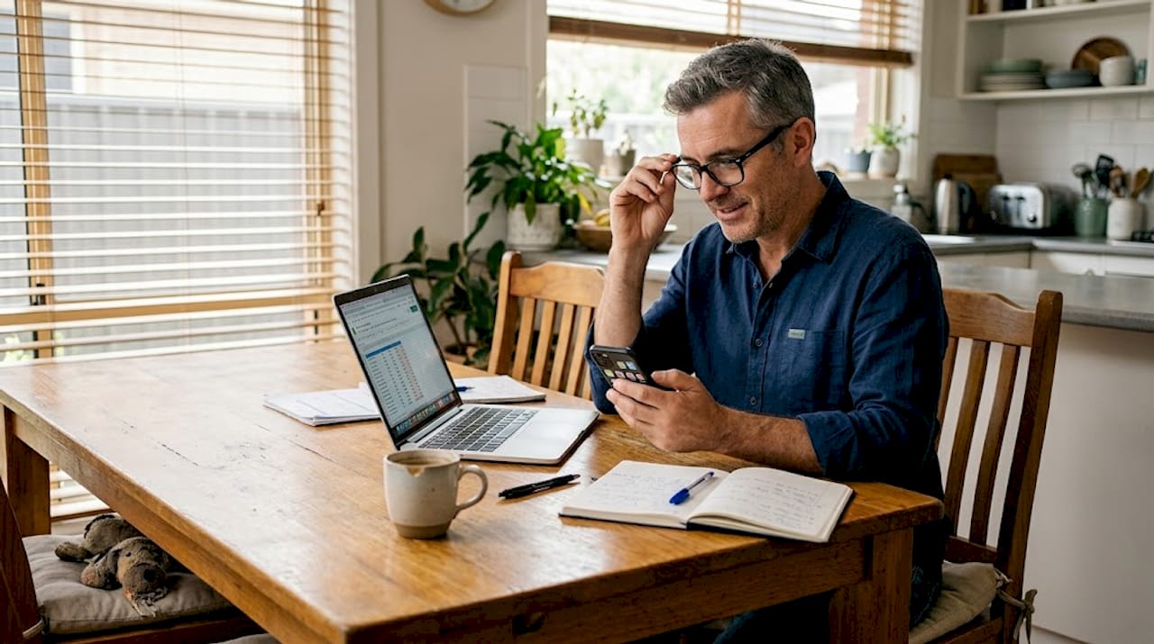 Man adjusts eyeglasses while working from kitchen