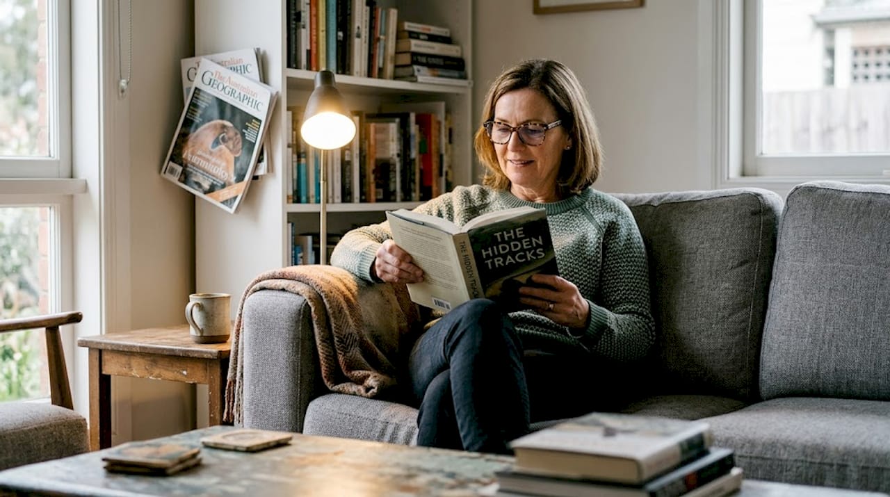 Woman reading with tortoiseshell glasses in living room