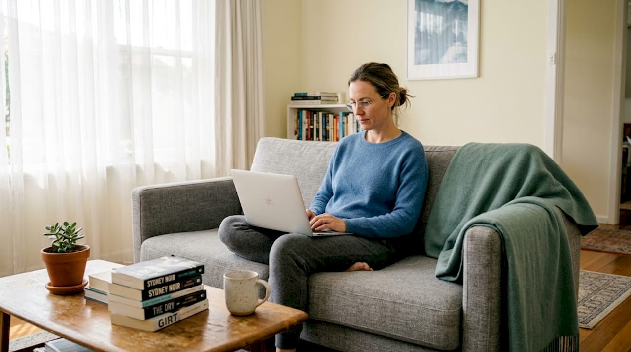 Woman with reading glasses on sofa using laptop