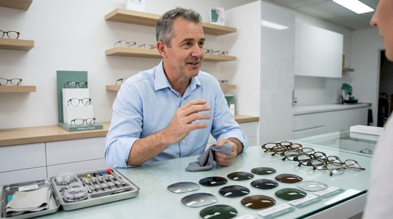 Optician showing sunglass lens options