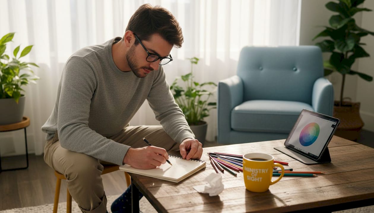 Young designer wearing round glasses at home