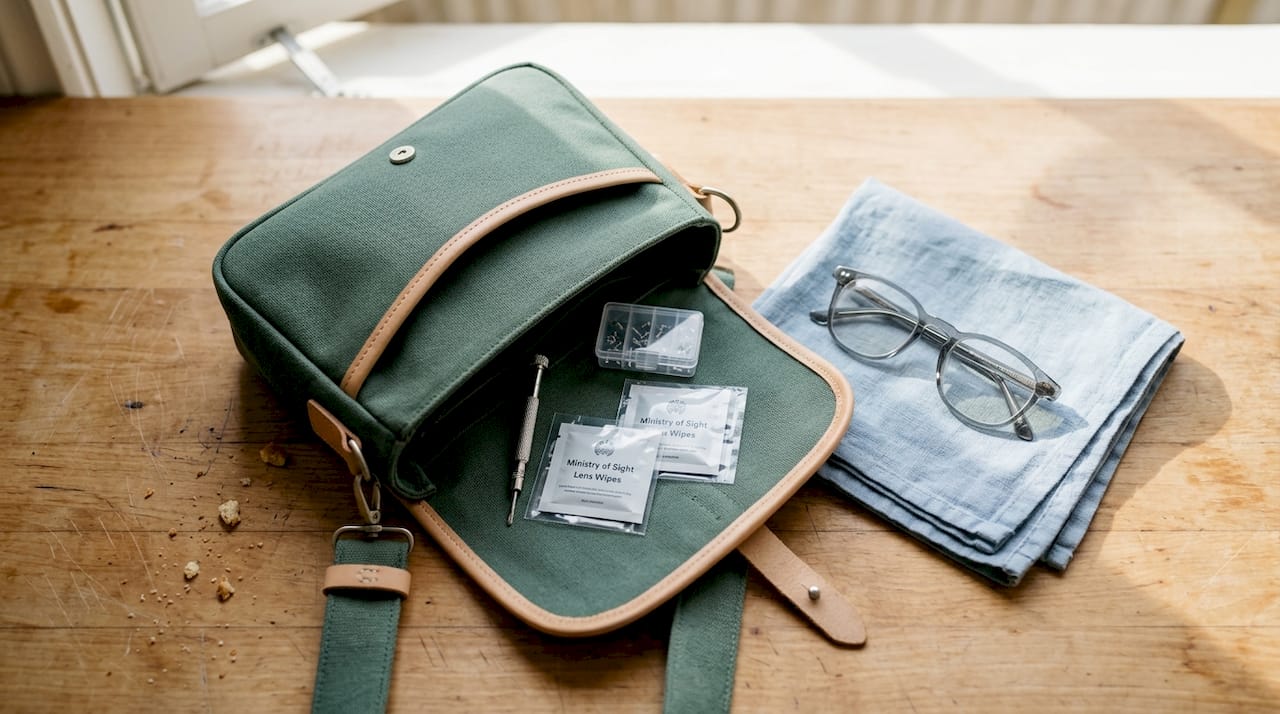 Glasses repair kit in work bag on bench