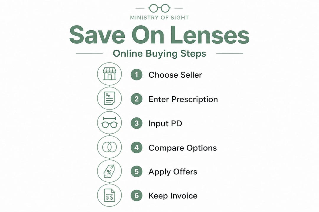 Vertical infographic of buying steps for glasses lenses