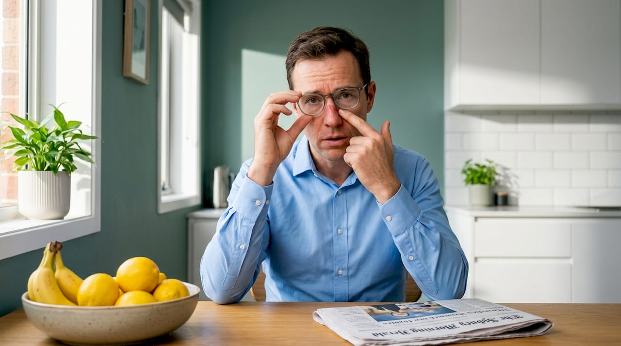 Man adjusting glasses with red nose marks