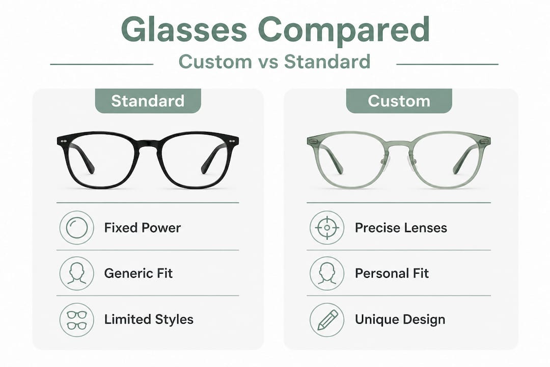 Infographic comparing standard and custom eyewear features