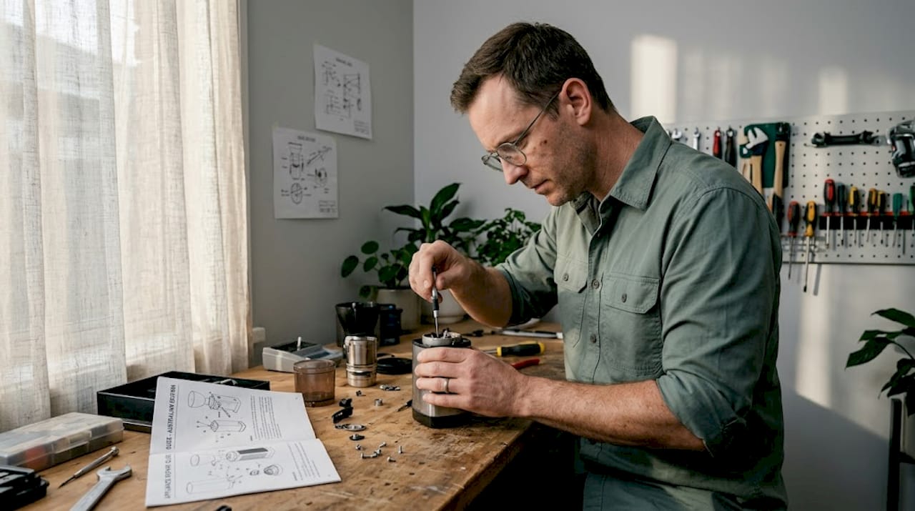 Man fixing appliance in functional glasses