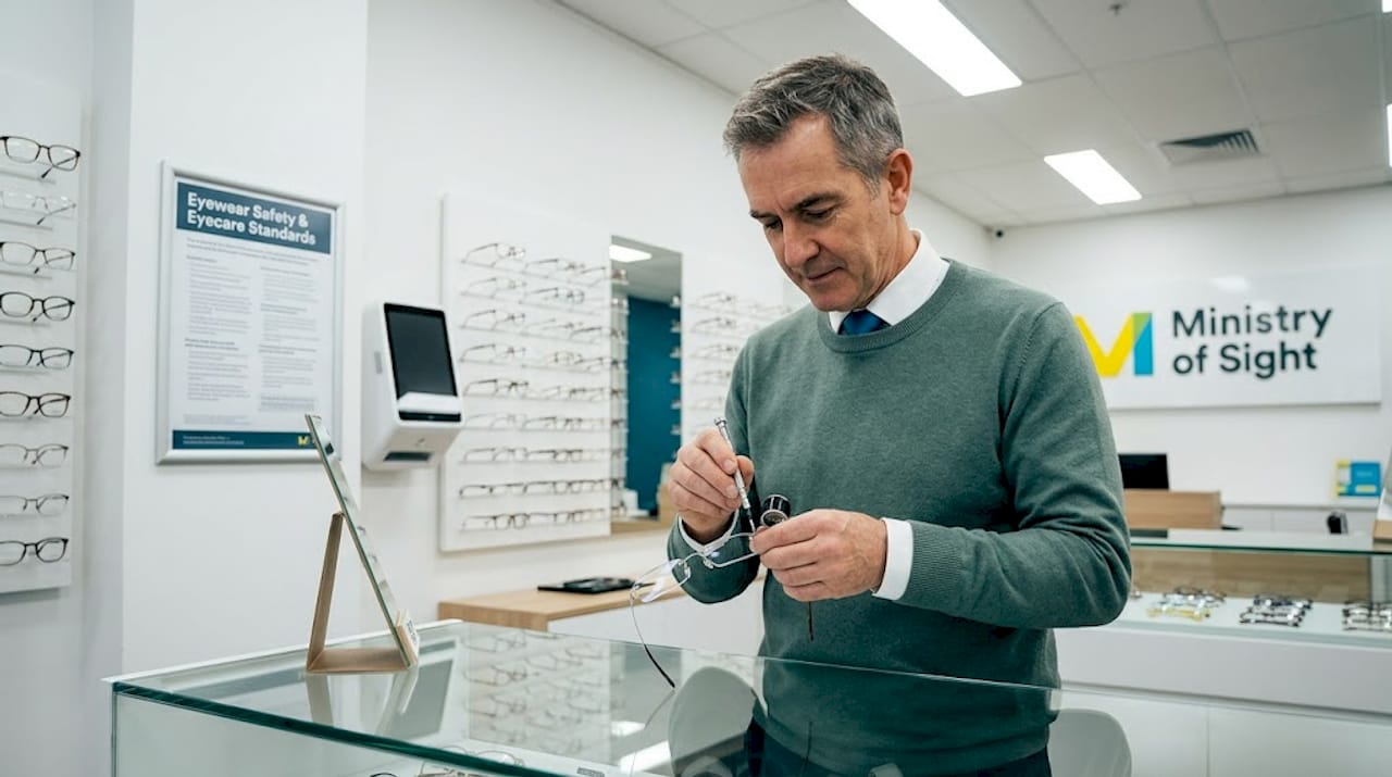 Optician examining rimless frames at counter