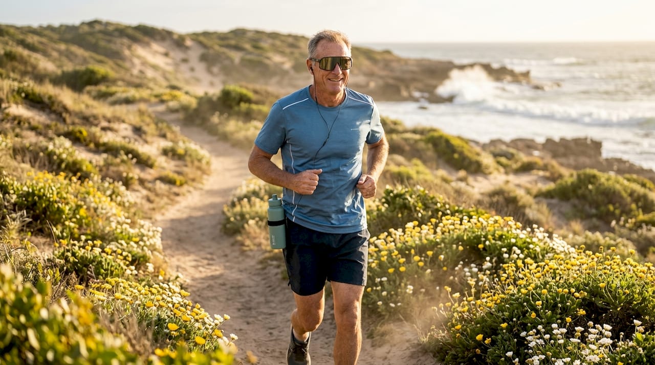 Man jogging with wraparound sunglasses outdoors
