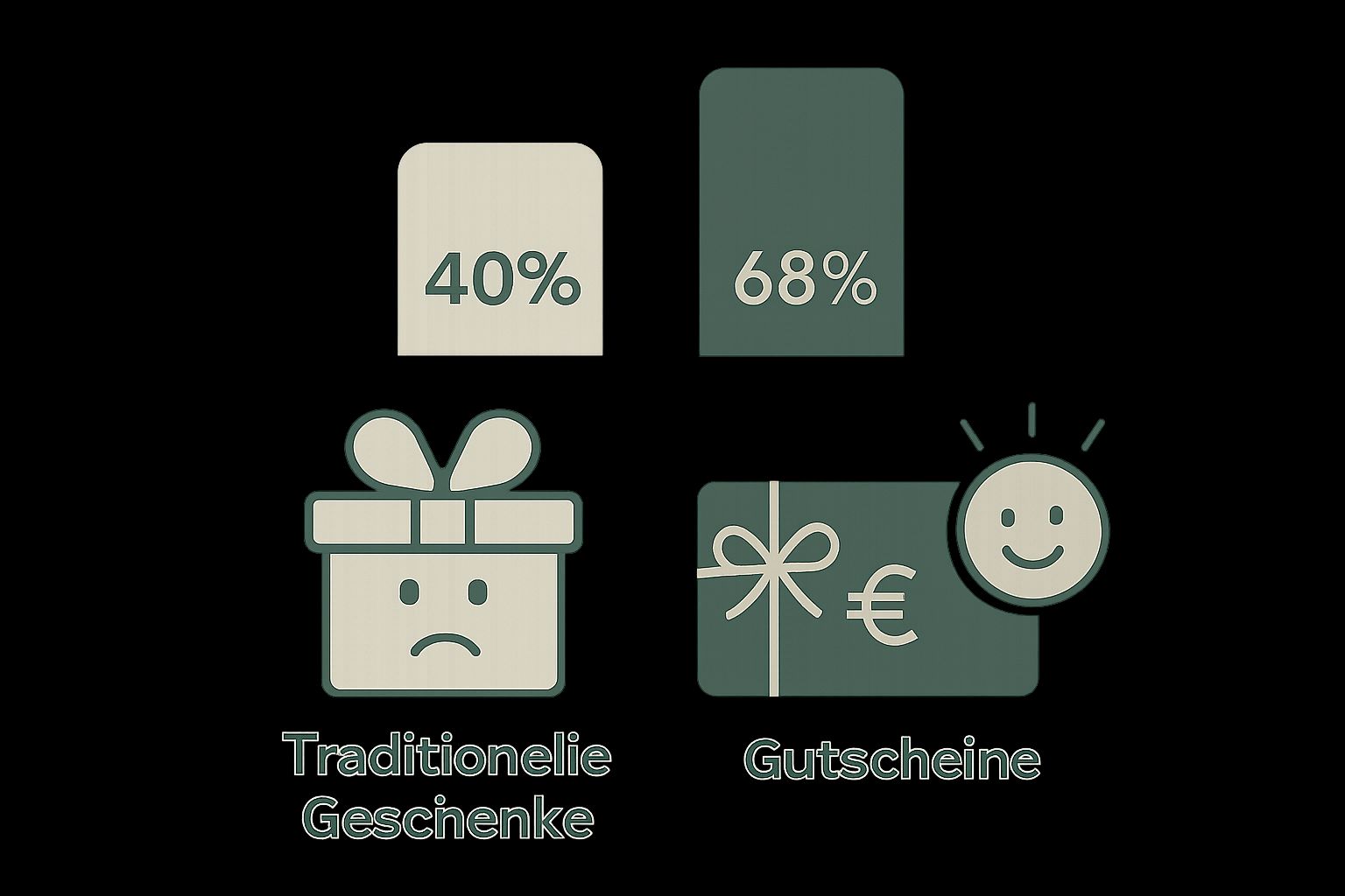 Infografik zum Vergleich zwischen klassischen Weihnachtsgeschenken und Gutscheinen mit Balkendiagramm und Icons