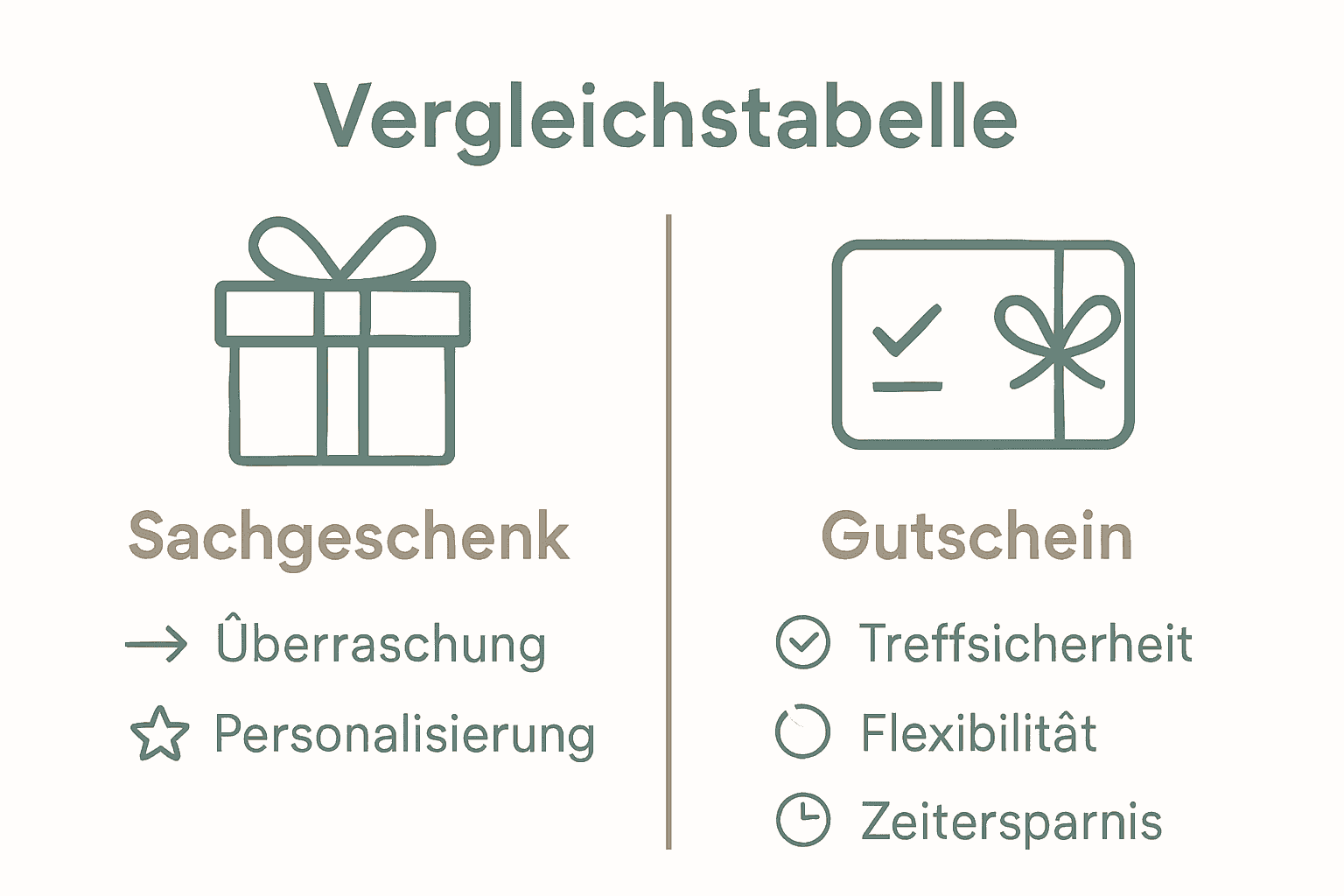 Vergleich Gutscheine und Sachgeschenke mit Icons für Vorteile