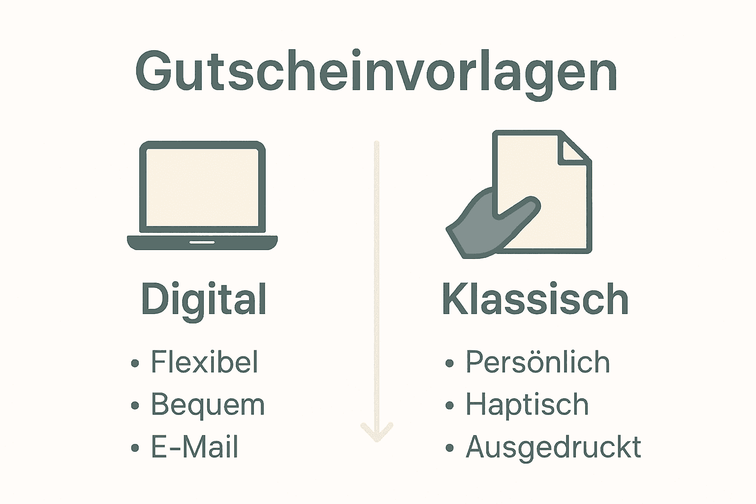 Infografik vergleicht digitale und klassische Gutscheinvorlagen mit Icons.
