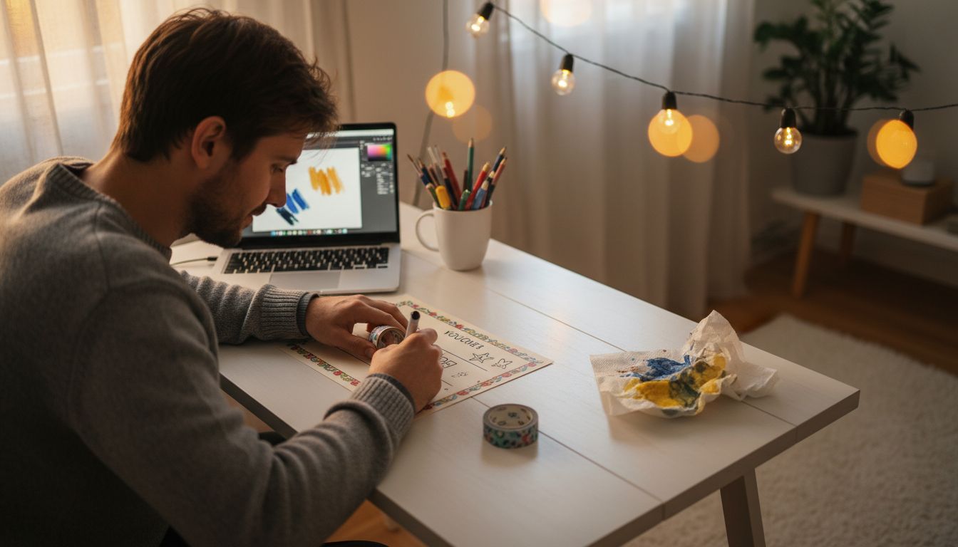 Mann bastelt kreativen Gutschein am Schreibtisch