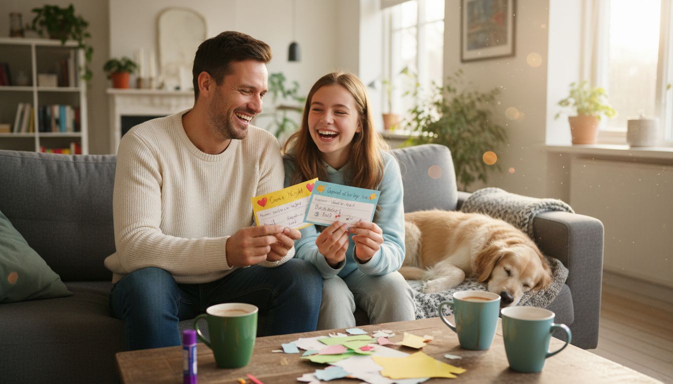 Family creating custom vouchers on sofa