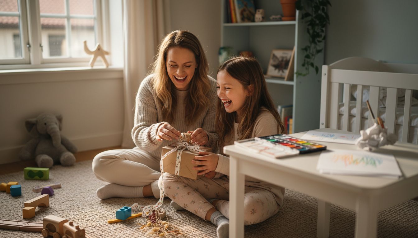 Mutter und Tochter packen Geschenk im Kinderzimmer aus