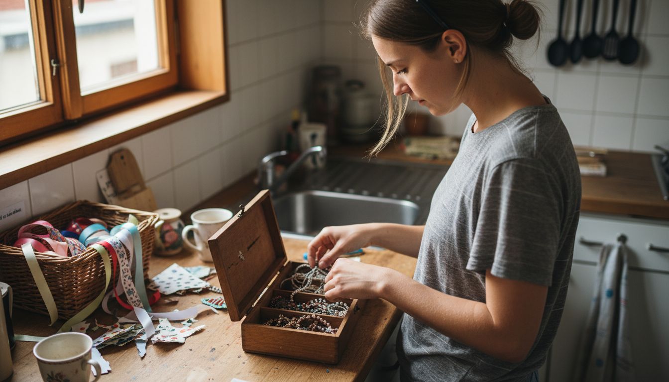 Eine Frau sucht eine handgefertigte Halskette als Geschenk aus.