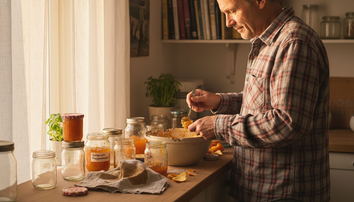 Selbstgemachte Marmelade wird liebevoll in Gläser gefüllt, um sie später zu verschenken.