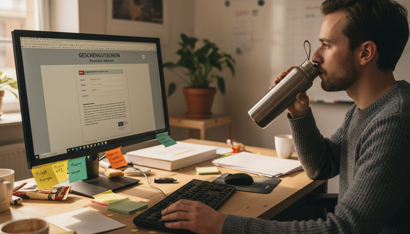 Ein Mann bearbeitet am überladenen Schreibtisch eine Gutschein-PDF.