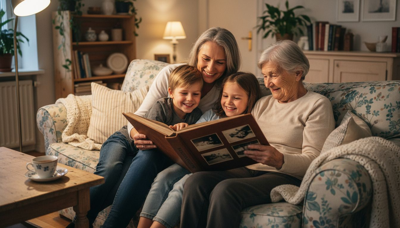 Gemeinsam in alten Fotoalben blättern und Erinnerungen als Familie wieder aufleben lassen.
