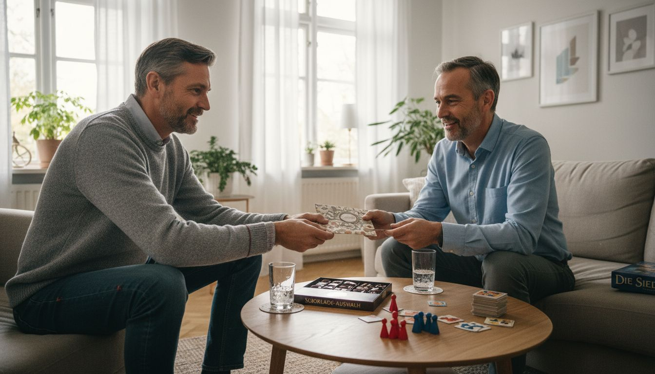 Ein Mann überreicht im Wohnzimmer einen individuell gestalteten Gutschein.