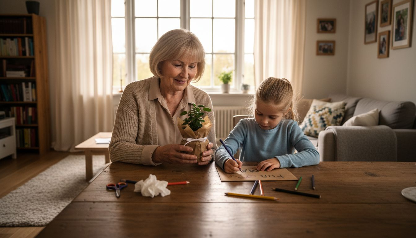 Oma und Enkelin freuen sich gemeinsam über ein Geschenk und eine liebevoll geschriebene Karte.