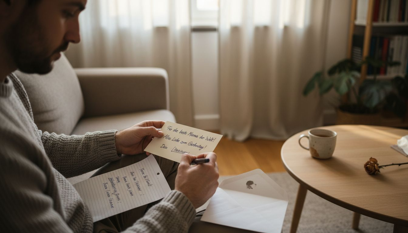 Ein Mann verfasst eine persönliche Widmung auf einen Geschenkgutschein.