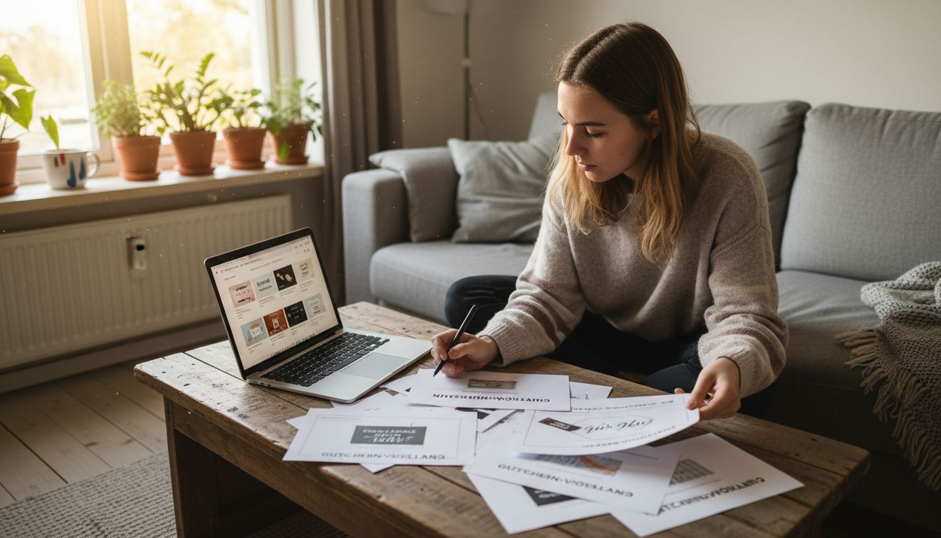 Eine Frau schaut sich verschiedene Gutscheinvorlagen an und vergleicht deren Gestaltung und Möglichkeiten.