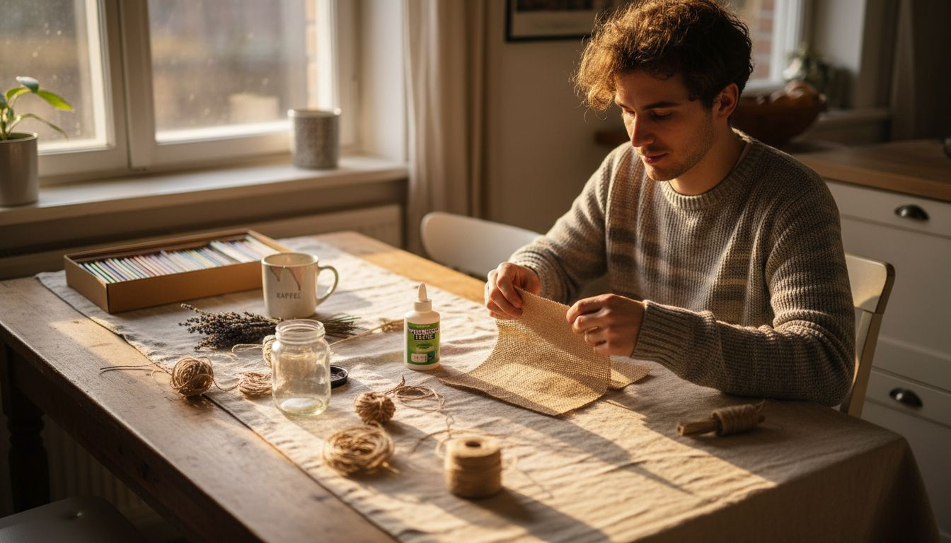 Ein Mann stellt verschiedene Materialien zusammen, um kreative DIY-Geschenke zu basteln.