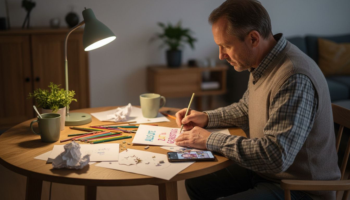 Ein Mann entwirft eine persönliche Skizze für eine Geburtstagskarte.