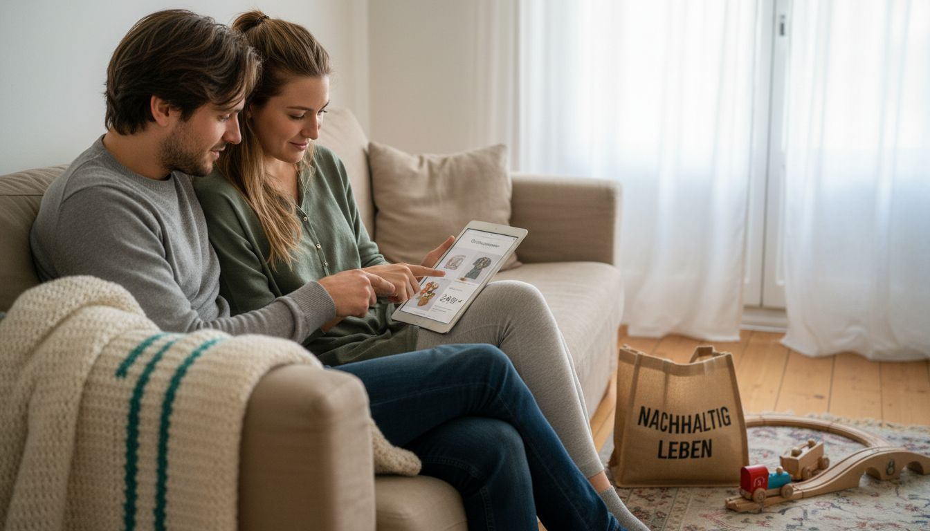 Ein Paar ist auf der Suche nach nachhaltigen Geschenken zur Geburt ihres Babys.