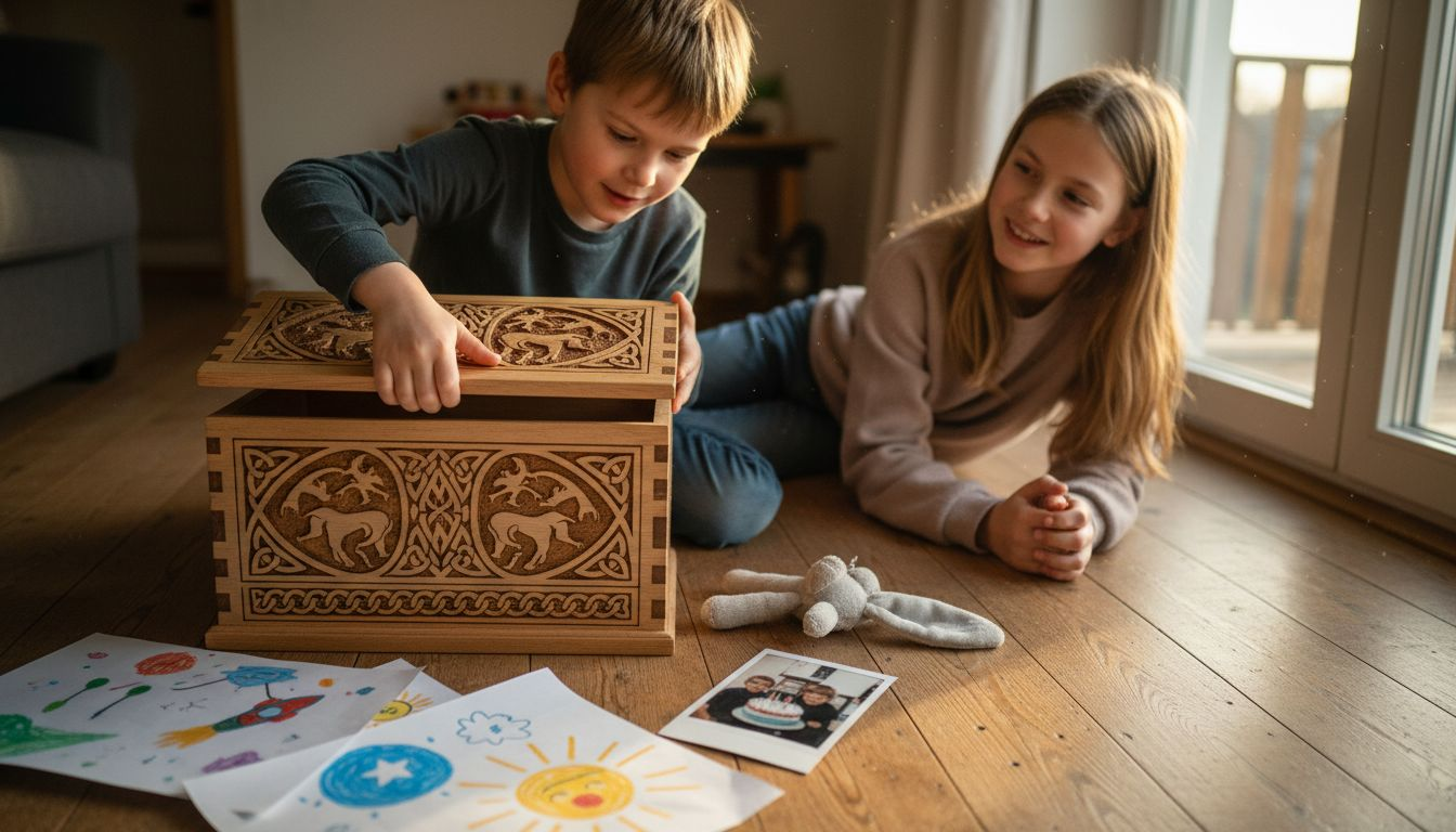 Ein Kind öffnet eine liebevoll gravierte Erinnerungsbox.