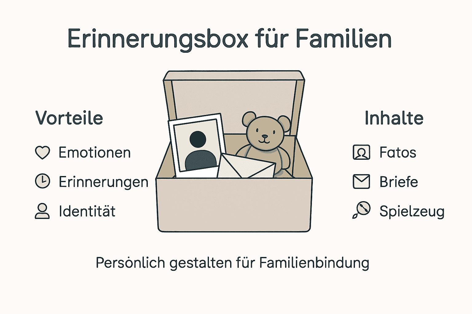 Unsere Infografik veranschaulicht anschaulich, welche Vorteile eine Erinnerungsbox bietet und welche persönlichen Schätze darin Platz finden können.